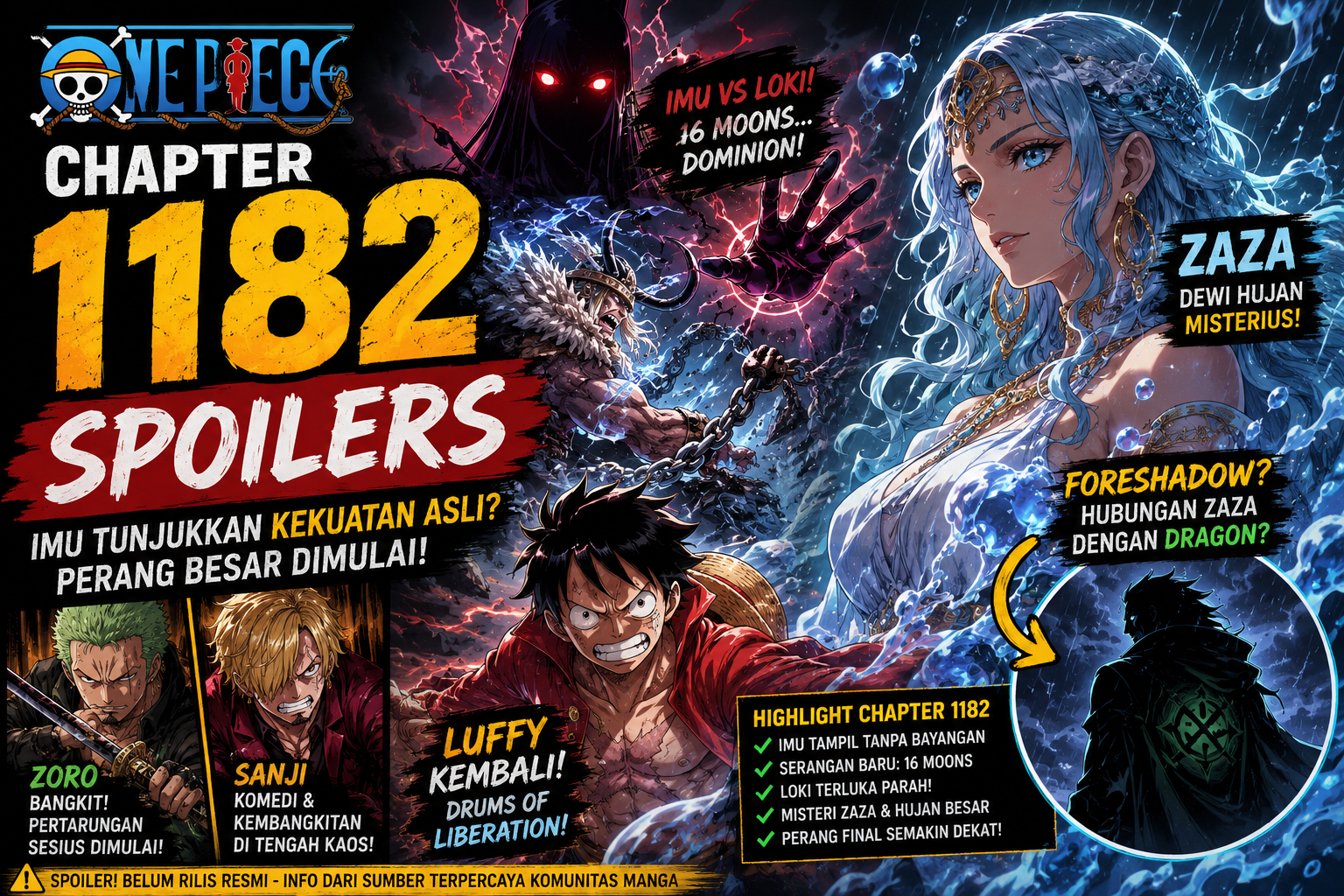 Banner One Piece Chapter 1182 spoilers menampilkan Zaza Dewi Hujan, Imu vs Loki, dan kemunculan Luffy dalam perang besar terbaru.