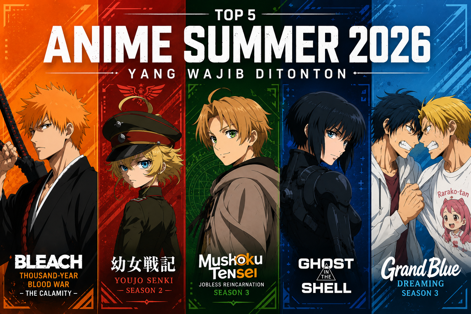 Banner Top 5 Anime Summer 2026 menampilkan karakter Bleach, Youjo Senki, Mushoku Tensei, Ghost in the Shell, dan Grand Blue
