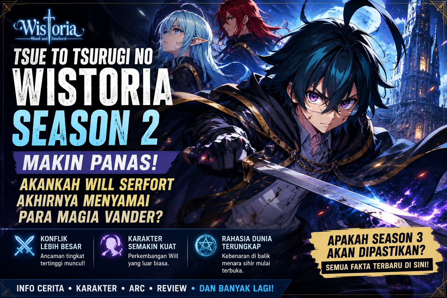 Ilustrasi Will Serfort dalam Tsue to Tsurugi no Wistoria Season 2 dengan latar menara sihir dan karakter utama lainnya saat menghadapi konflik besar di dunia Wistoria.