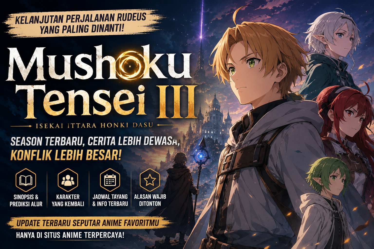 Mushoku Tensei III Isekai Ittara Honki Dasu menampilkan Rudeus Greyrat bersama karakter utama dalam visual season terbaru dengan latar dunia fantasi dan konflik besar yang akan datang.