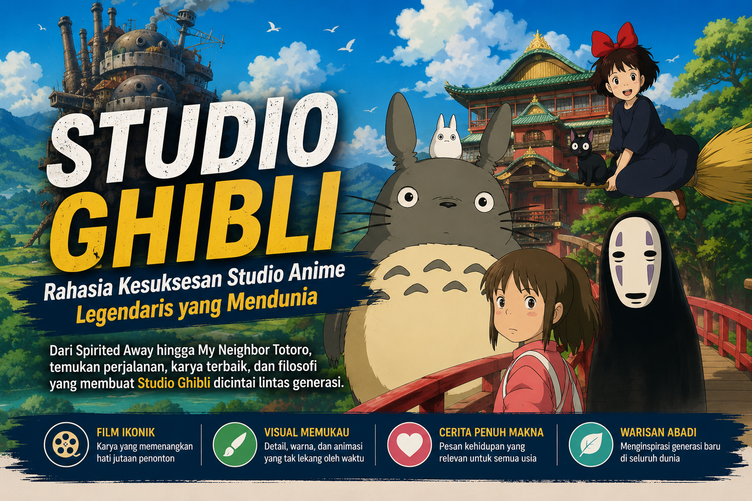 Banner Studio Ghibli menampilkan karakter dan latar ikonik dari berbagai film anime legendaris dengan judul Rahasia Kesuksesan Studio Anime Legendaris yang Mendunia.