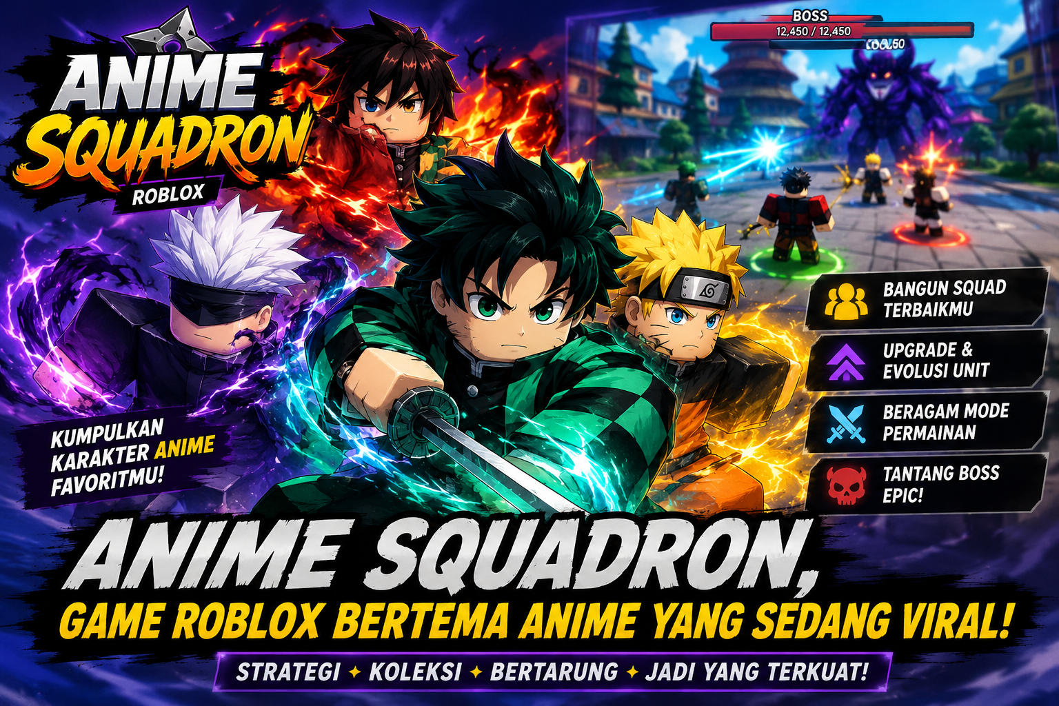 Banner Anime Squadron menampilkan karakter bergaya anime dalam game Roblox dengan fitur squad, upgrade unit, dan pertarungan boss yang sedang viral.