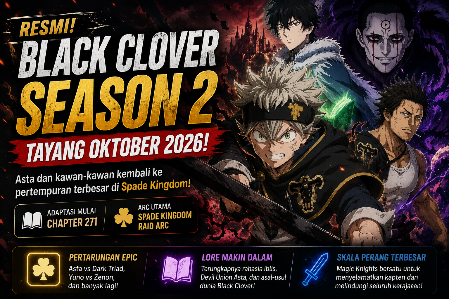 Banner Black Clover Season 2 yang menampilkan Asta, Yuno, Yami, dan Dark Triad dengan informasi jadwal tayang Oktober 2026 serta adaptasi Arc Spade Kingdom.