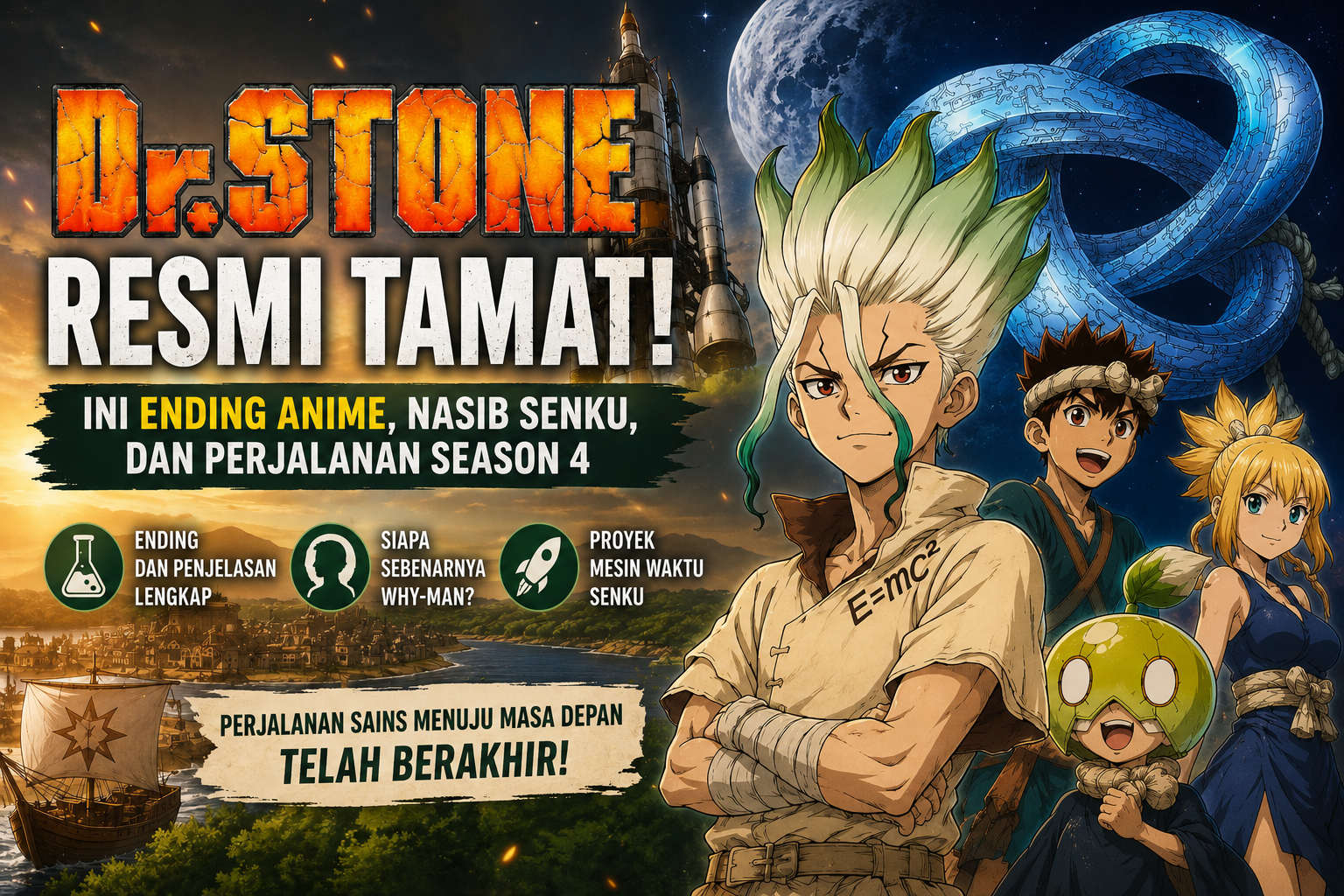 Dr. Stone Season 4 resmi tamat dengan ilustrasi Senku, Kingdom of Science, dan Medusa sebagai pengungkap misteri Why-Man.