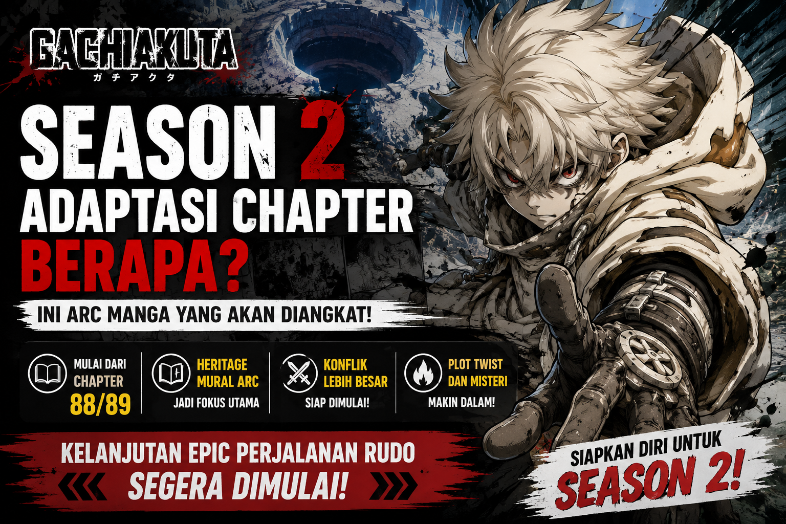Gachiakuta Season 2 adaptasi chapter berapa dengan ilustrasi Rudo dan prediksi arc Heritage Mural Arc dalam kelanjutan anime Gachiakuta