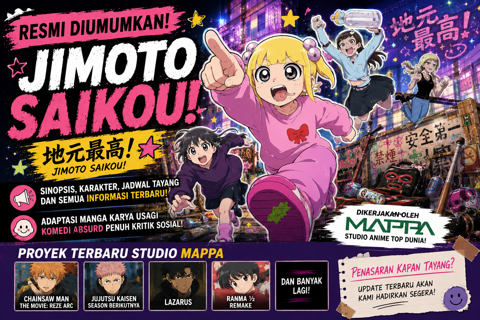 Banner Jimoto Saikou Anime menampilkan karakter utama dengan latar kota penuh grafiti, mengumumkan adaptasi anime terbaru Studio MAPPA beserta informasi sinopsis dan jadwal tayang.