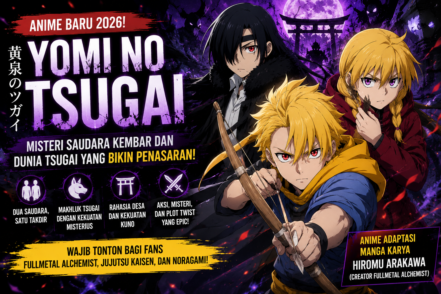 Karakter Yuru dan Asa dalam anime Yomi no Tsugai dengan latar dunia Tsugai dan suasana misterius.