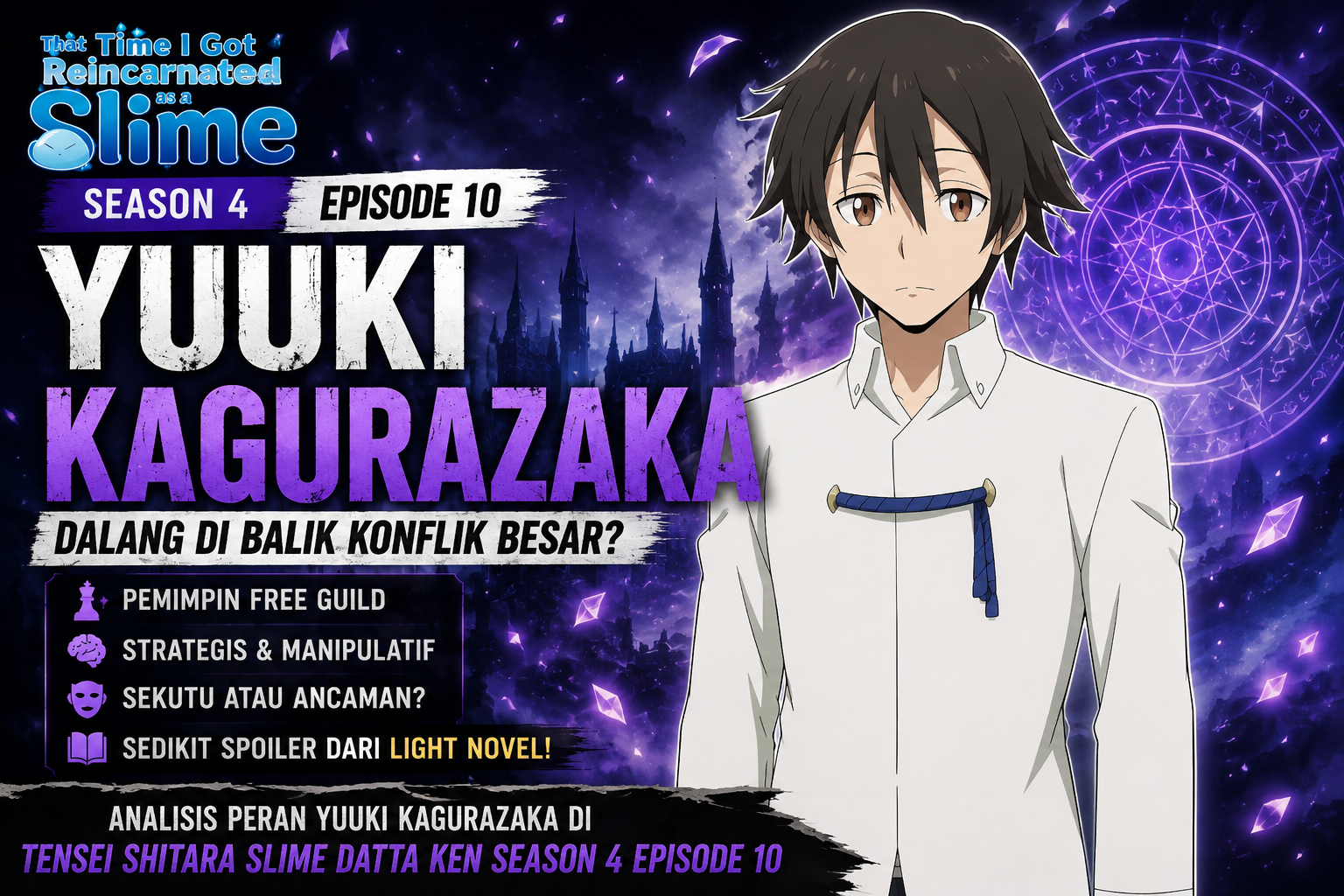 Yuuki Kagurazaka di Tensei Shitara Slime Datta Ken Season 4 Episode 10 dengan latar sihir ungu dan tulisan Dalang di Balik Konflik Besar