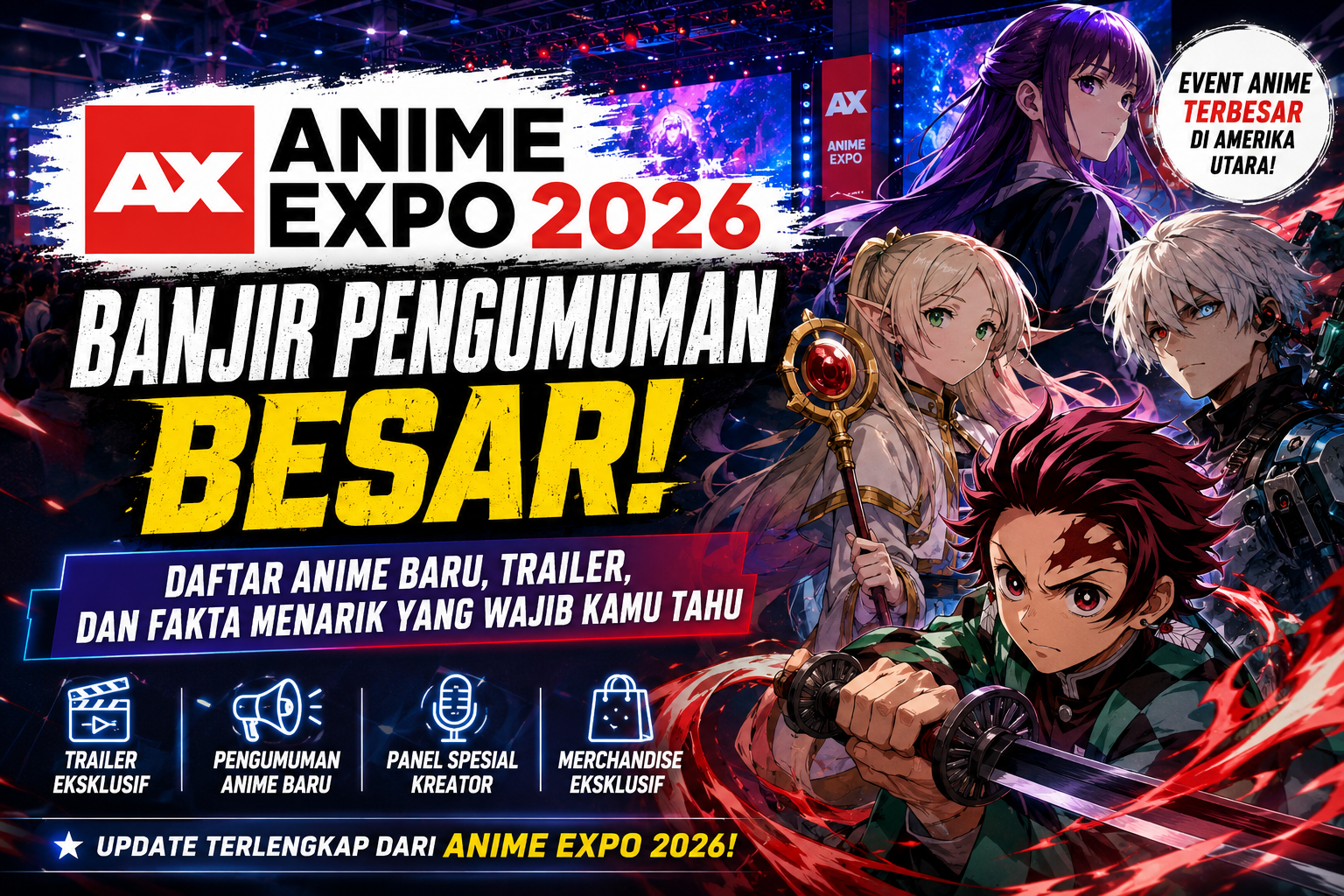 Anime Expo 2026 menghadirkan pengumuman anime terbaru, trailer eksklusif, panel spesial, dan berbagai informasi menarik dari event anime terbesar di Amerika Utara.