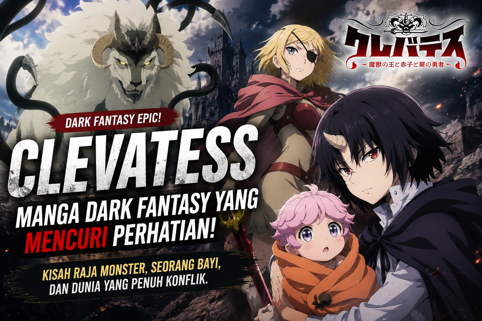 Clevatess, manga dark fantasy karya Yuji Iwahara dengan karakter Clevatess, Alicia, dan bayi Luna dalam visual anime.