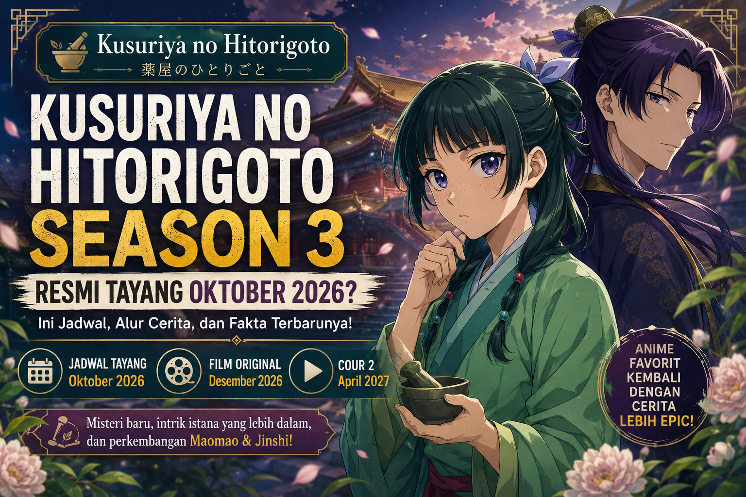 Kusuriya no Hitorigoto Season 3 resmi tayang Oktober 2026 dengan Maomao dan Jinshi berlatar istana kekaisaran.