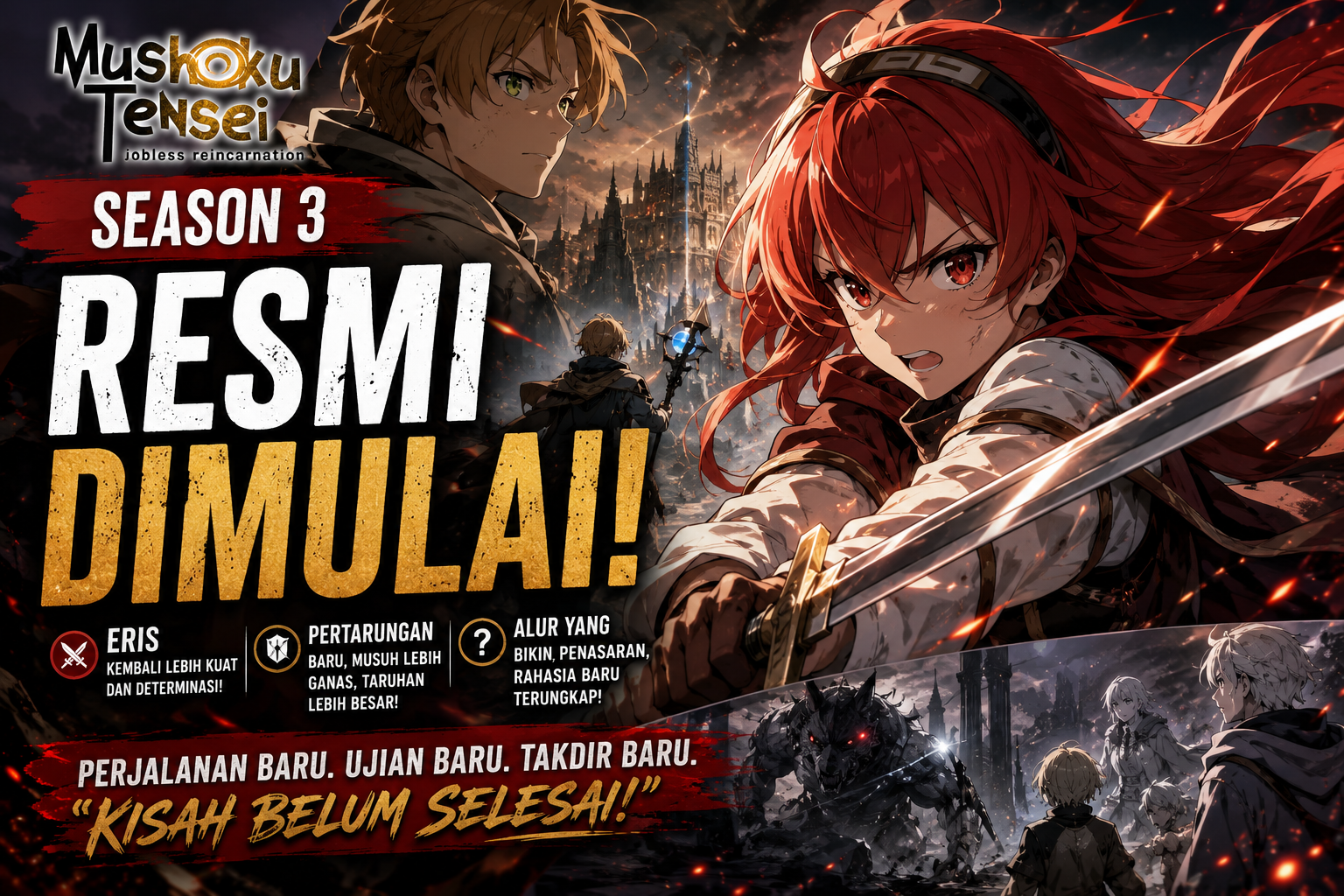Mushoku Tensei Season 3 menampilkan Eris Boreas Greyrat, Nina Farion, dan Isolde Cluel dalam arc Sword Sanctum dengan pertarungan Sword God Style dan Water God Style.
