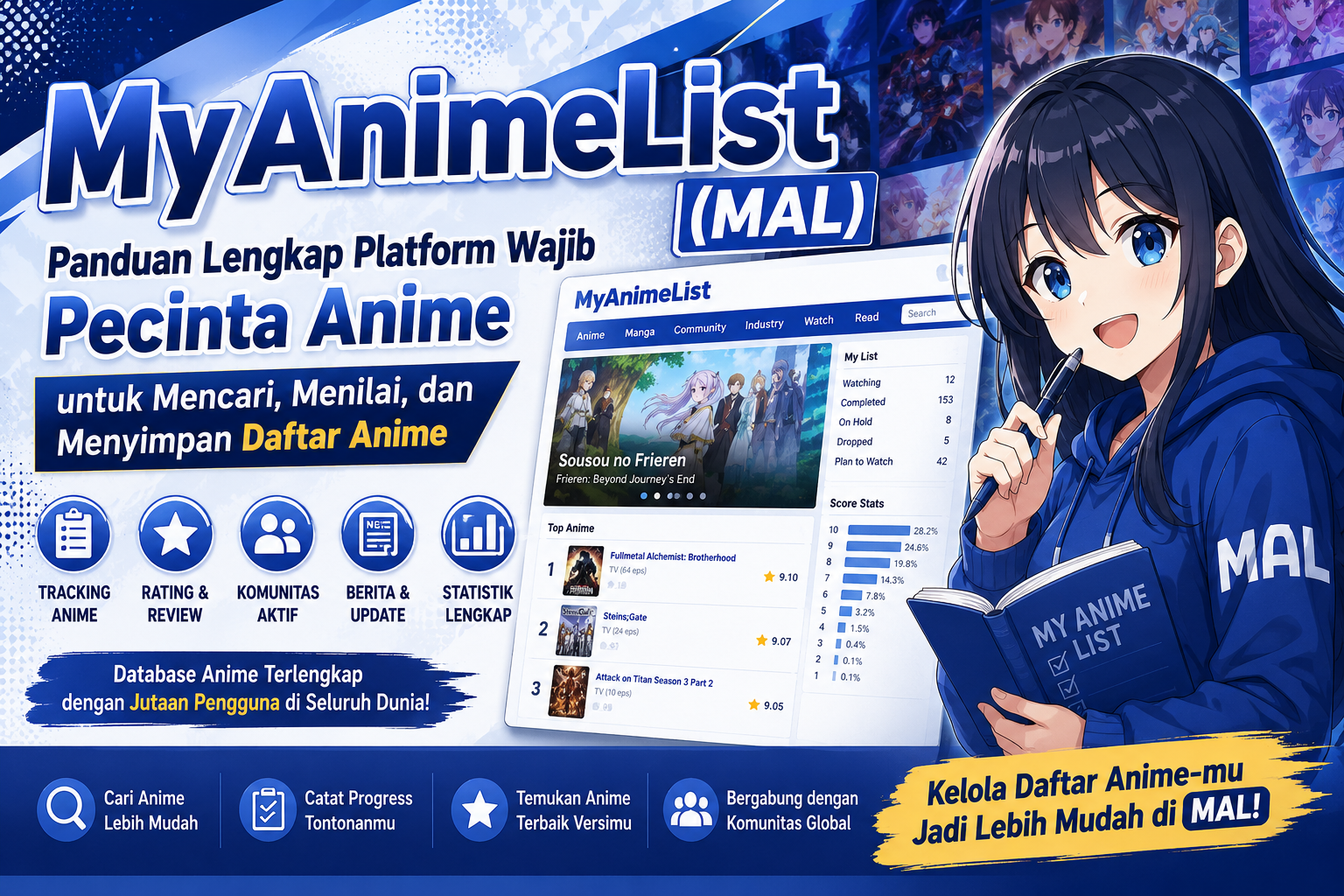 Ilustrasi banner MyAnimeList (MAL), platform database anime untuk membuat daftar tontonan, memberikan rating, membaca review, dan menemukan rekomendasi anime terbaru.
