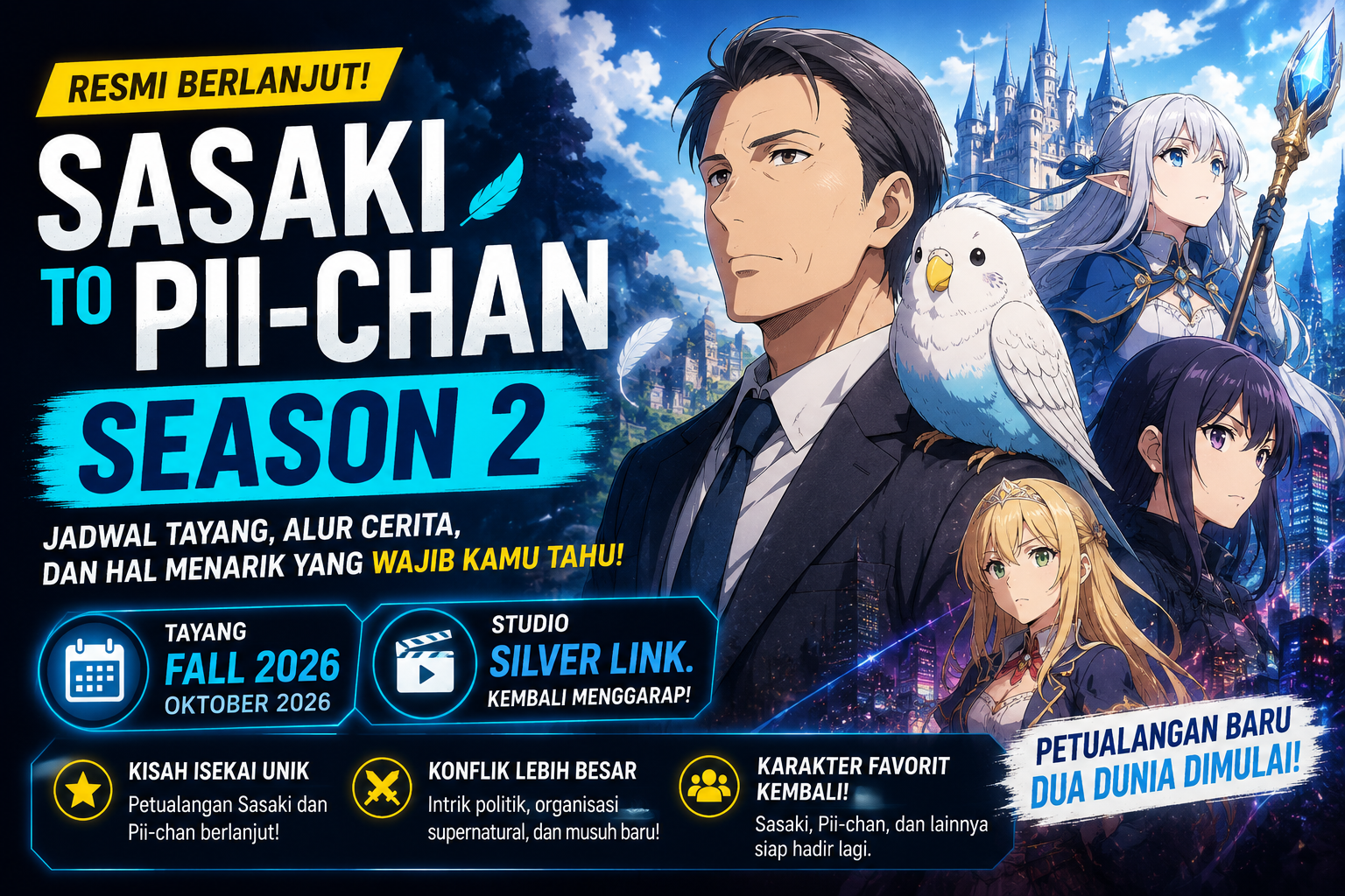 Banner Sasaki to Pii-chan Season 2 yang menampilkan Sasaki, Pii-chan, dan informasi jadwal tayang Fall 2026.