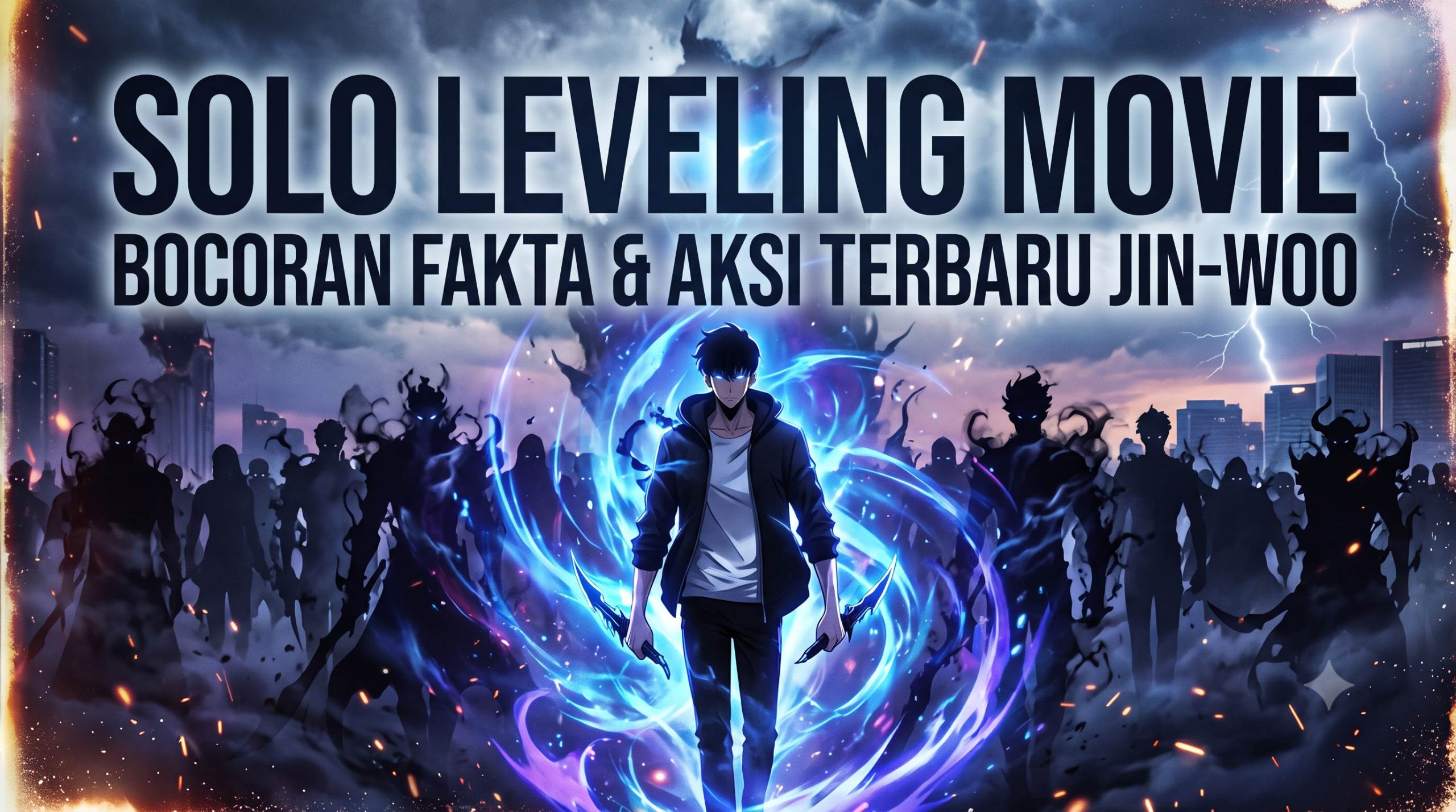 Karakter utama Sung Jin-Woo berdiri dikelilingi oleh pasukan bayangan hitam dengan aura petir biru dalam film Solo Leveling Movie.