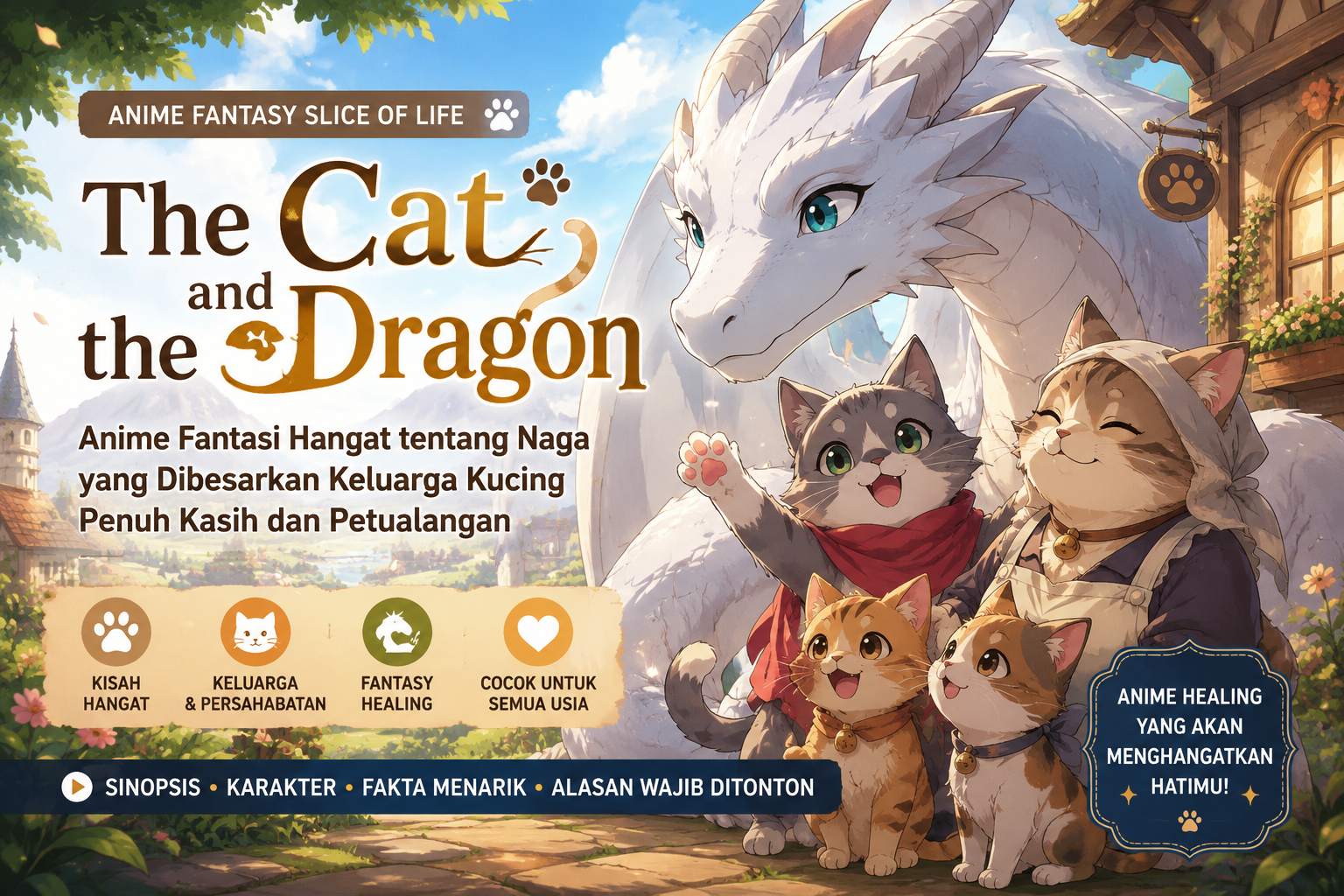 The Cat and the Dragon, anime fantasy slice of life tentang naga yang dibesarkan keluarga kucing dengan nuansa hangat dan penuh petualangan.