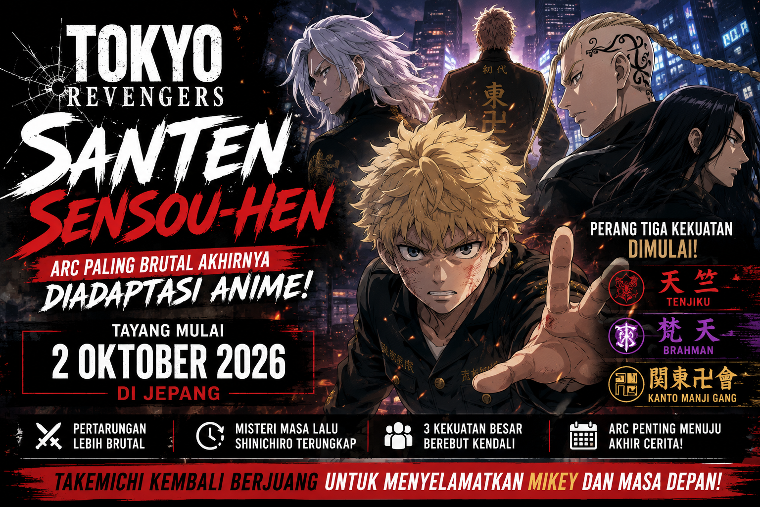 Banner anime Tokyo Revengers Santen Sensou-hen menampilkan Takemichi dan Mikey menjelang perang tiga kekuatan besar yang tayang Oktober 2026.