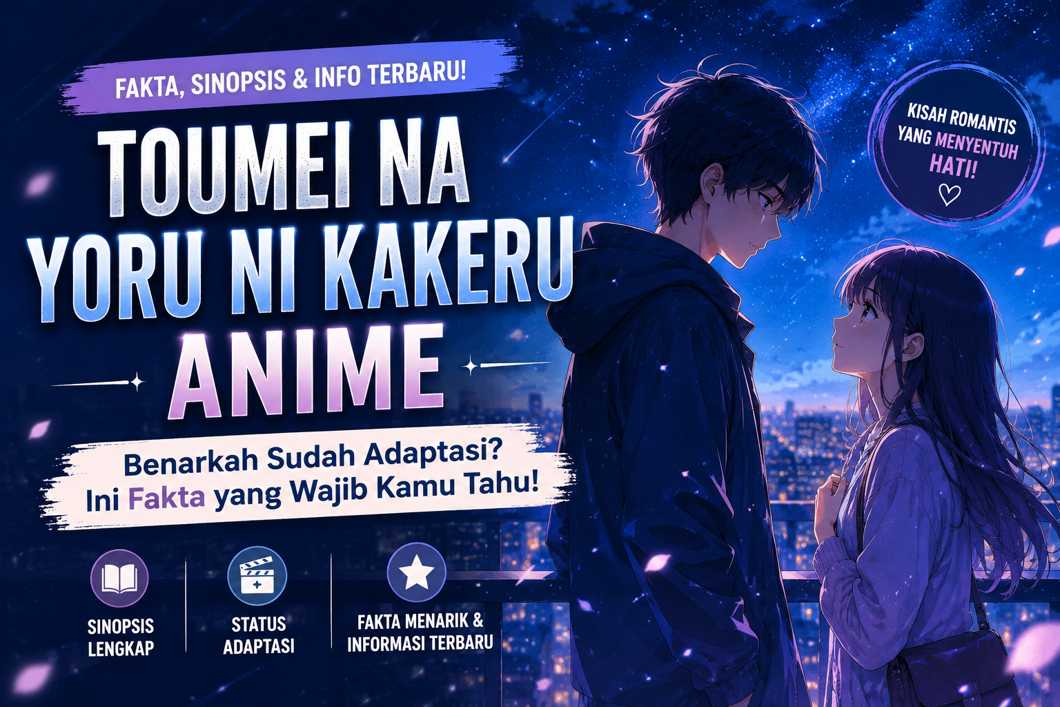 Toumei na Yoru ni Kakeru anime menampilkan ilustrasi pasangan di bawah langit malam dengan informasi sinopsis, fakta, dan status adaptasi anime.
