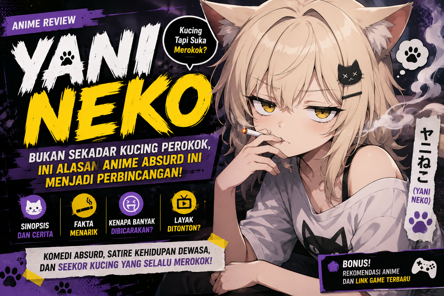 Yani Neko, anime komedi absurd tentang gadis kucing perokok dengan ekspresi khas yang menjadi sorotan penggemar anime.